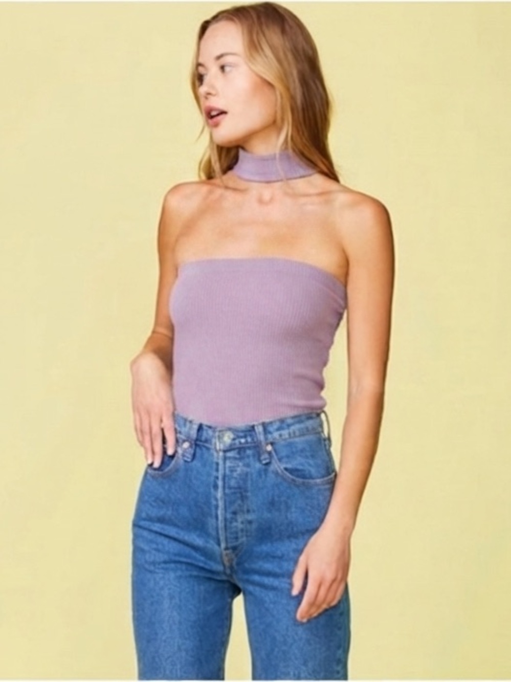 $136 NWOT MONROW Choker Mock Neck Bandeau Tank in lilac, small